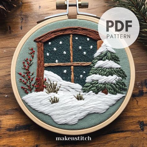 Christmas Scene Embroidery Pattern, Snowy Embroidery Pattern, Winter Embroidery Pattern,  Festive Embroidery, Hand Embroidery Pattern PDF Winter Embroidery Designs, Winter Hand Embroidery, Scene Embroidery, Scene Pattern, Winter Embroidery, Christmas Embroidery Patterns, Winter Window, Snow Covered Trees, Embroidery Hand