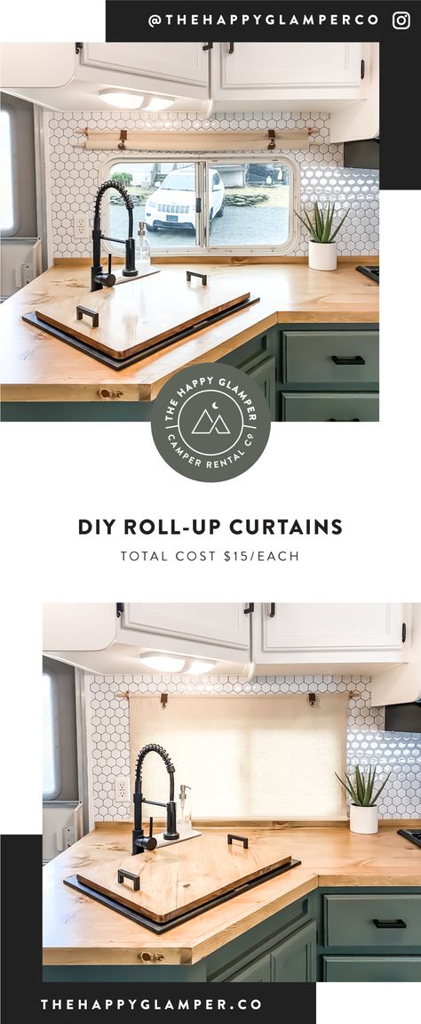 Follow these easy step-by-step instructions to make your own roll-up shades! They are made from a paint drop cloth, leather strap material, wooden dowels, and some clasps/D rings. The average cost per curtain comes out to $15. That’s a huge savings for your RV renovation, plus they are lightweight and fashionable. Follow @thehappyglamperco on instagram to see the RV renovation progress! Rv Diy, Rv Curtains, Camper Curtains, Roll Up Curtains, Canvas Curtains, Glamper Camper, Rv Interior Remodel, Happy Glamper, Camper Trailer Remodel