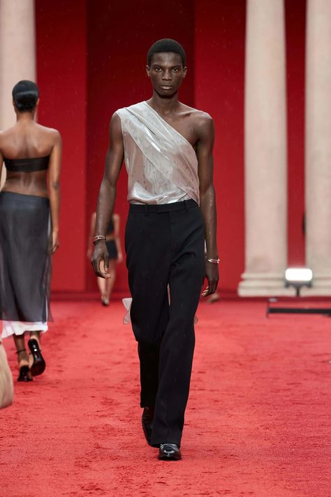 Gender-fluid fashion is here. How should retailers sell it? | Vogue Business Ferragamo Spring 2023, Gender Fluid Fashion, Black Lace Shirt, Spring 2023 Ready To Wear, Kendall Style, 2023 Ready To Wear, Spring 2023, Fashion Poster, Fashion Editorial