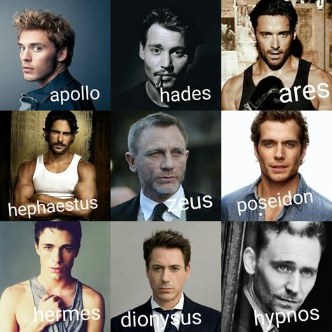 GREEK GODS DREAMCAST apollo - sam claflin Hades - johnny depp Ares - hugh jackman Hephaestus - joe mangaiello Zeus - daniel craig Poseidon - henry cavill Hermes - colton haynes Dionysus - robert downy jr Hypnos - tom hiddleston Dionysus X Hypnos, Hephestos God, Hypnos Greek God, Greek God Art, Hades Greek God, Ares Greek God, Hermes Greek God, Greek Mythology Gods, Colton Haynes