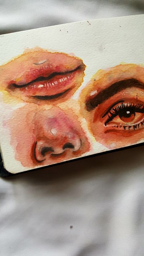 Watercolor painting of nose, eyes and lips Nose Watercolor Painting, Lips Watercolor, Lips Painting, Scrub Diy, Art Hacks, Nose Contouring, Tutorials Drawing, Eye Painting, Coffee Scrub