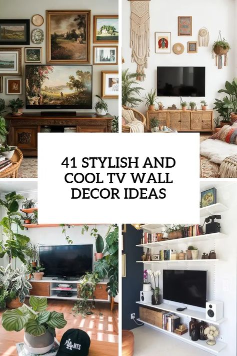 stylish and cool tv wall decor ideas Media Room Tv Wall Ideas, Picture Collage Around Tv, Decor Around Tv On Wall Living Rooms, Decorate Over Tv, Tv Above Mantel Decorating Ideas, Tv With Art Around It, How To Decorate Around Tv On Wall, Tv Above Sideboard, Mounted Tv Gallery Wall