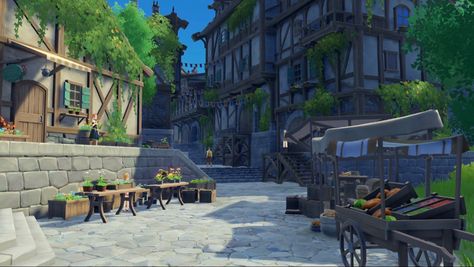 mondstadt screenshot genshin impact Fantasy Village, Journal Aesthetic, Street Design, Building Exterior, Visual Development, Minecraft Houses, Environmental Art, City View, Anime Scenery