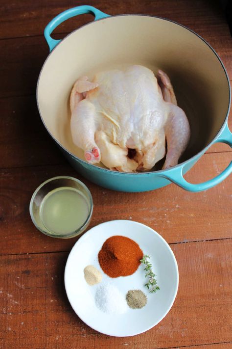 How to Roast a Chicken in a Dutch Oven Dutch Oven Rotisserie Chicken, Roast Chicken Recipes Dutch Oven, Oven Baked Rotisserie Chicken, Whole Chicken Dutch Oven Recipes, Dutch Oven Cornish Hens, Roasting Chicken, Roast Chicken Recipes Oven, Roasting Chicken In Oven, Roast Chicken Dutch Oven