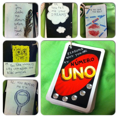 My twist on the 52 reasons why I love you. I found I had more than 52 reasons to share with him and UNO cards were perfect since they have such a large deck. It also had significance because when we were still friends my boyfriend and I would play UNO together <3 he loved the gift Uno Valentines, Uno Gift Ideas, Diy Uno Cards, 52 Reasons Why I Love You, Diy Cards For Boyfriend, 52 Reasons, Play Uno, Boyfriend Ideas, Arty Ideas