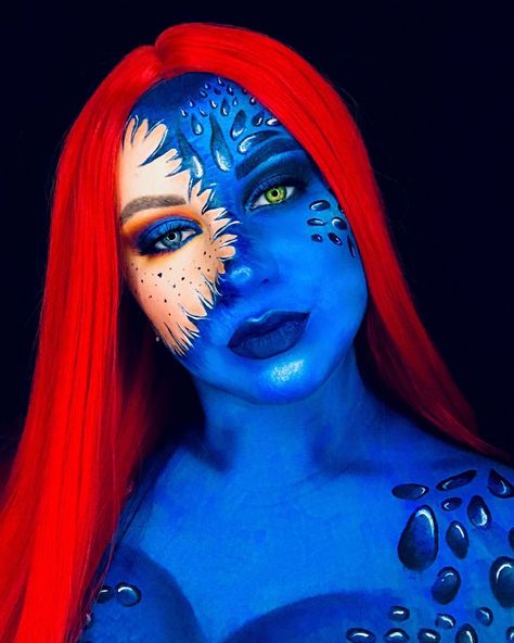 Mystique Halloween Makeup  IG: RaydiatebyRaychel Face Paint Cosplay, Mystique Makeup, Mystique Xmen, Xmen Cosplay, Paint Face, Marvel Costumes, Character Makeup, Makeup Board, Makeup Idea