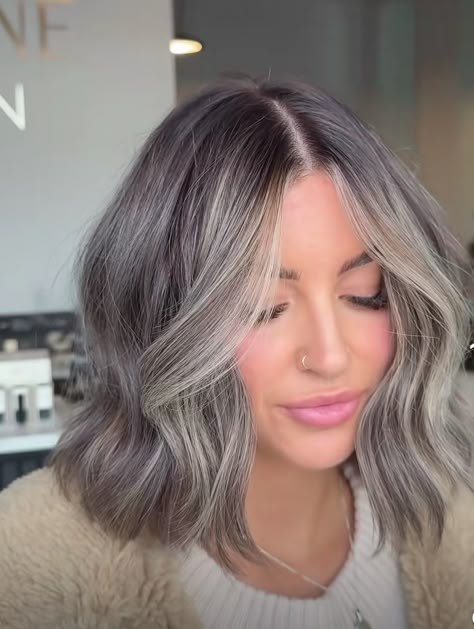 Mushroom Grey Hair, Mushroom Balayage Brunette Bob, Gray Blending Dark Hair, Partial Highlights Mushroom Brown, Mushroom Brunette Hair, Silver Hair Front Strands, Dark Blonde To Grey Transition, Blending Gray Hair Brunettes, Toners For Ash Gray Mashroom Brown Hair