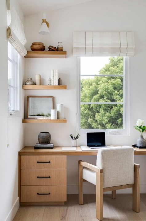 This calming coastal home in Manhattan Beach has swoon worthy details Home Office Renovation, Lindye Galloway, Desk Nook, Coastal Office, Homework Room, Oak Floating Shelves, Home Office Studio, Small Home Offices, Office Nook