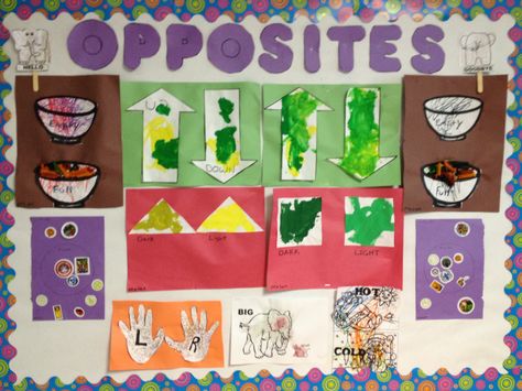 Opposites board Opposites Lesson Plans Preschool, Opposite Art Preschool, Opposite Preschool Crafts, Opposites Theme Preschool Activities, Opposites Art Preschool, Opposites Toddler Activities, Opposite Art For Toddlers, Opposite Crafts For Toddlers, Opposites Theme Preschool