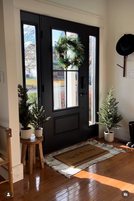 Farmhouse Door With Sidelights, Front Door By Kitchen, Black Window Front Door, Front Door With Steps Entryway, Black Front Door Handles Hardware, Entryway Front Door Inside, Side Light Front Door, Black Front Door Entrance, Entryway With Black Door