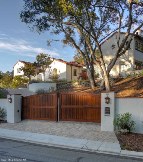 Spanish Colonial Revival Extreme Remodel- 07389 - Mediterranean - Exterior - San Francisco - by EASA Architecture | Houzz Wood Driveway, Wood Gates Driveway, Wooden Gates Driveway, Mediterranean Exterior, Wooden Gate, Hacienda Style Homes, Gates Design, Modern Gate, Driveway Entrance