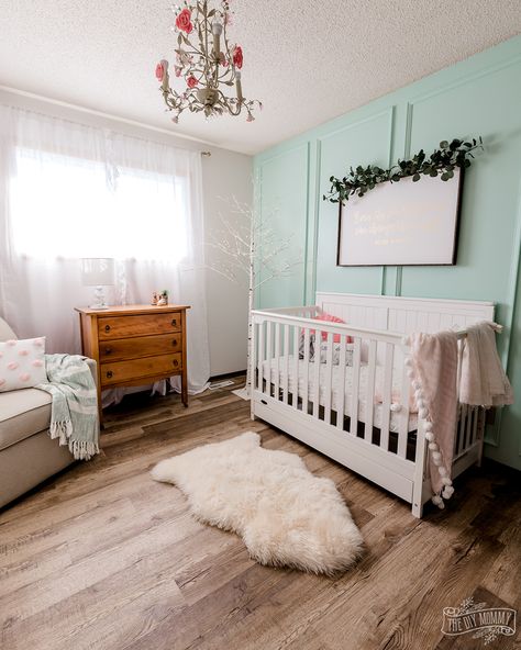 Come see how we transformed this original 1970s bedroom into a dreamy mint green, pink and white nursery. This nursery makeover features a traditional look, a DIY picture frame trim wall, closet organization ideas, and more nursery decor ideas that I hope you'll love! Wall Closet Organization Ideas, Wall Closet Organization, Diy Feature Wall Ideas, Picture Frame Trim, Pink And White Nursery, 1970s Bedroom, Mint Green Nursery, Trim Wall, Nursery Makeover