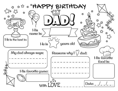 Happy birthday dad fill in the sheet mom... | Premium Vector #Freepik #vector #kids-sketch #family-sketch #family-doodle #family-drawing Birthday 11, Happy Birthday Dad Coloring Page, Dad Printable, Happy Birthday Dad Template, Doodle Family, Family Doodle, Kids Sketch, Dad Drawing, Family Sketch