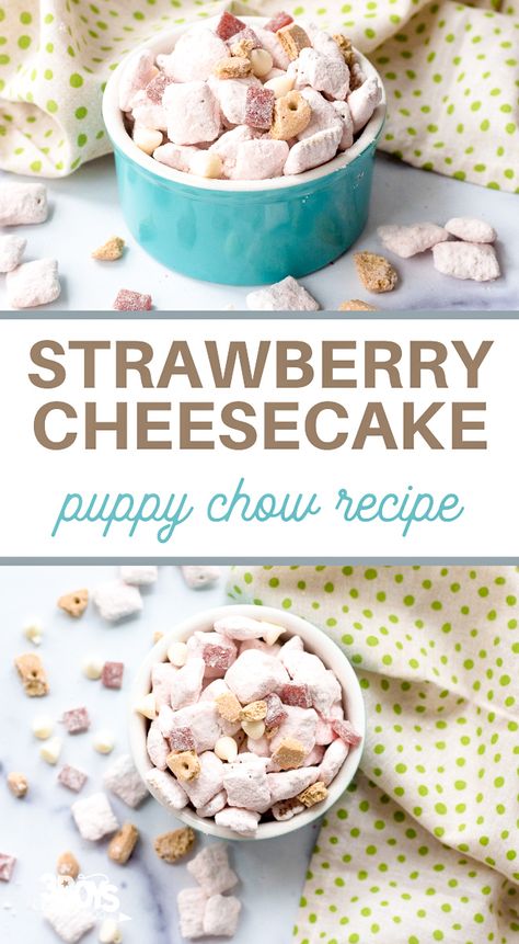 Valentine Muddy Buddy Recipe, Flavored Puppy Chow Recipes, Strawberry Shortcake Puppy Chow, Valentines Puppy Chow, Homemade Puppy Chow, Puppy Chow Snack, Chex Recipes, Puppy Chow Chex Mix Recipe, Chex Mix Puppy Chow