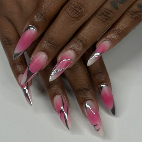 aura and chrome is good for the soul 💕 . . . #apresgelx #nailtech #nailsnailsnails #nailart #gelxnails #naildesign #gelnails #gelmani #chrome #aura aura nails, pink aura nails, chrome and pink nails, stiletto nails Almond Nails Aura Design, Stiletto Aura Nails, Chrome And Pink Nails, Aura Nails With Chrome, Airbrush Nails Designs, Pink Nails Stiletto, Aura Nails Chrome, Chrome Aura Nails, Aura Nails Pink