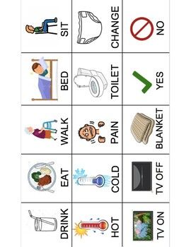 Simple and large-icon communication board for adults across medical settings. Communication Board For Adults, Communication Boards, Communication Board For Nonverbal, Picture Exchange Communication System, Communication Pictures, Aba Therapy Activities, Pecs Pictures, Communication Illustration, Communication Activities