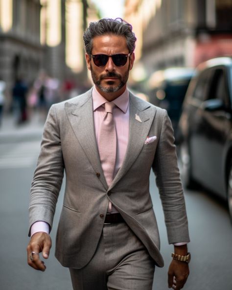 Grey Suit With Pink Tie, Grey Suit Pink Shirt, Pink Designer Shirt, Suit Color Combinations, Light Grey Suit, French Fancies, Grey Suit Men, Light Suit, Charcoal Suit