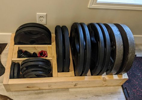 DIY plate and accessory storage - needs some paint but very happy! Home Made Gym, Fit At Home, Weight Rack, Accessory Storage, Gym Home, Plate Storage, Keep It To Yourself, Training Equipment, Accessories Storage