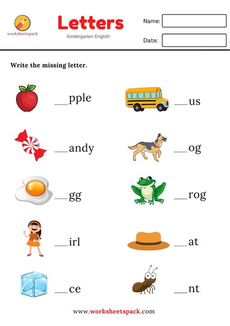 Free Alphabet Spelling Worksheet Letter F Words for Kindergarten - worksheetspack Letter Worksheets For Preschool, Missing Letters, Kindergarten Phonics Worksheets, English Worksheets For Kindergarten, Alphabet Worksheets Kindergarten, Kindergarten Reading Worksheets, English Activities For Kids, English Worksheet, Kids Worksheets Preschool