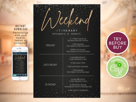 Bachelorette Card, Itinerary Invitation, Bachelorette Weekend Itinerary, Gold Bachelorette, 17 Birthday, Bachelorette Themes, Hens Party, Weekend Itinerary, Luxury Business Cards