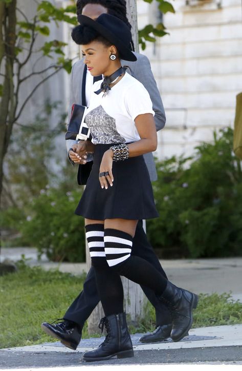 Black Women Grunge Outfits, Mini Skirt And Thigh High Socks Outfit, Janelle Monae Outfits, Thigh Outfit, Janelle Monae Aesthetic, Jenelle Monae, Over The Knee Socks Outfit, Janelle Monet, Janelle Monae Style