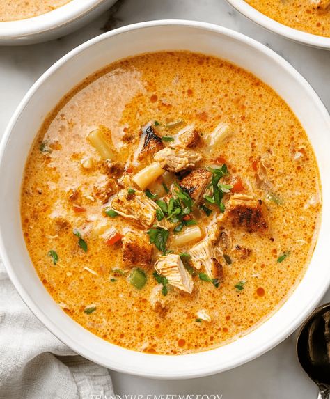 Creamy Cajun Chicken Pasta Soup Recipe Cajun Chicken Pasta Soup, Curried Pumpkin Soup Recipe, Mongolian Ground Beef Noodles, Chicken Pasta Soup, Mongolian Ground Beef, Thanksgiving Stuffing Recipe, Creamy Cajun Chicken Pasta, Ground Beef Noodles, Pasta Soup Recipes