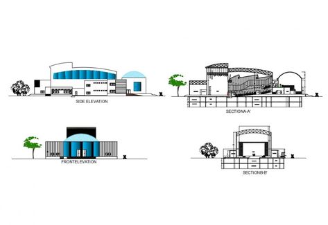 Front and side elevation and section details of civic center dwg file Civic Center Floor Plan, Civic Center Architecture Plan, Curve Building, Side Elevation, Corporate Building, 3d Architect, Elevation Plan, Elevation Drawing, Building Elevation