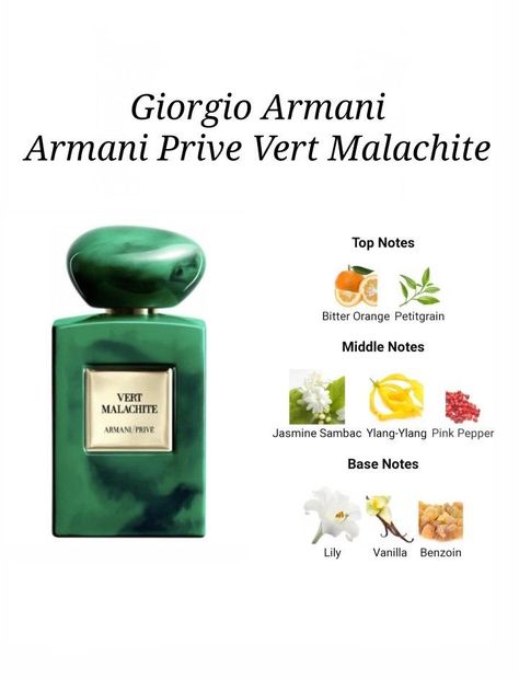 Armani Prive Vert Malachite, Armani Prive Perfume, Replica Perfume, Armani Perfume, Essential Oil Perfumes Recipes, Perfume Notes, Perfume Recipes, Perfume Display, Popular Perfumes