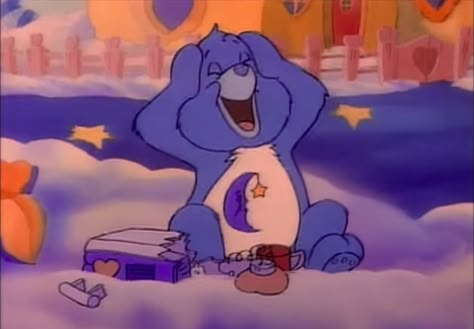 the crazy blue care bear Nighty Night, Care Bears, A Cartoon, Blue Aesthetic, Bears, Teddy Bear, Bed, Purple, Blue