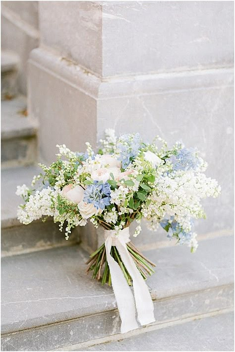 bridal flowers on marble stairs | Images by Sara Damien Pretty Wedding Bouquet, Small Bridal Bouquets, Blue White Weddings, French Wedding Style, Blue Wedding Bouquet, Blue Wedding Flowers, White Wedding Bouquets, Blue Bouquet, White Wedding Flowers