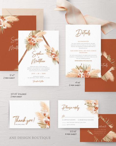 Terracotta Boho Wedding Invitation Set Template Pampas Grass | Etsy Terracota Wedding, Terracotta Boho Wedding, Orange Printable, Boho Wedding Invitation, Boho Invitations, Wedding Invitation Kits, Marble Wedding, Wedding Invitations Boho, Invitation Kits