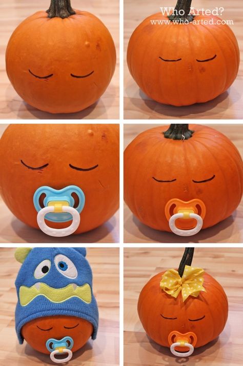 DIY Sleeping Baby Pumpkin halloween halloween decorations halloween ideas halloween pumpkins halloween crafts for kids Fall Baby Shower Ideas, October Baby Showers, Halloween Gender Reveal, Dekorasi Halloween, Halloween Baby Shower Theme, October Baby, Labu Halloween, Style College, Baby Shower Invitaciones