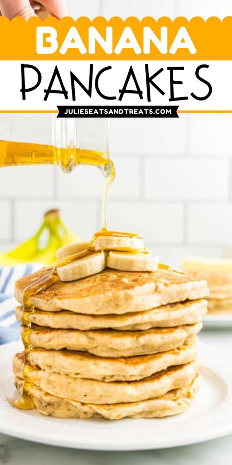 Make a mouthwatering back-to-school food idea! This Banana Pancakes recipe is a perfect hint of flavor from bananas and topped with maple syrup that's ready for 20 minutes. Serve this easy breakfast on the go to brighten your day! Simple Banana Pancakes, Homemade Pancake Batter, Breakfast Calories, Easy Banana Pancakes, Banana Coffee Cakes, Fluffy Pancake Recipe, How To Cook Pancakes, Banana Pancakes Recipe, Pancake Toppings