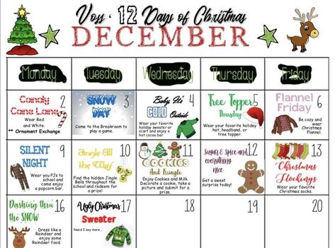 Spirit Days For Work, December Dress Up Days For School, 12 Days Of Christmas Spirit Week, Holiday Spirit Week, Work Christmas Party Ideas, School Spirit Week, Staff Appreciation Week, Christmas Dress Up, Work Christmas Party