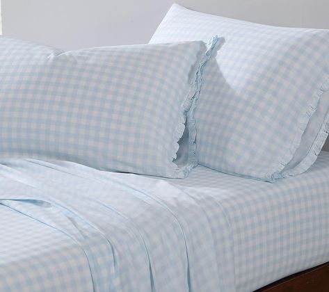 Amazon.com: Shabby Chic® - Full Sheets, Soft & Breathable Organic Cotton Bedding Set, Classic Style Home Decor with Ruffled Pillowcases (Gingham Blue, Full) : Home & Kitchen Light Blue Quilt Bedding, Bedding For Blue Room, Grand Millennial Bed, Loveshackfancy Inspired Bedroom, Preppy Southern Bedroom, Blue Striped Sheets, Blue And White Floral Bedroom, Blue Gingham Bedding, Coastal Themed Bedroom