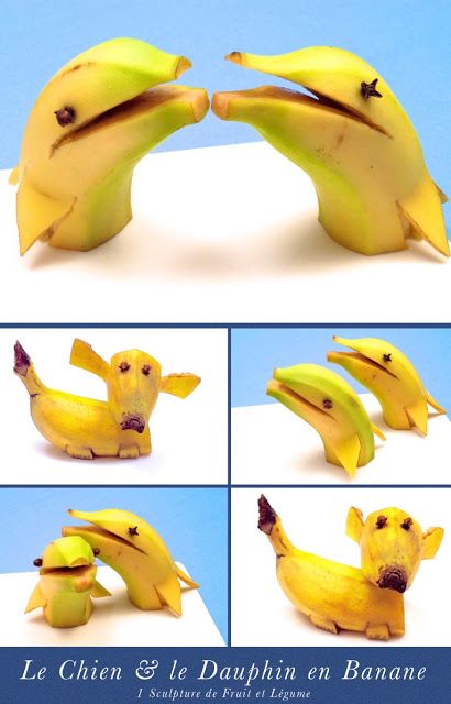 Sculptures Amusantes: le Chien & le Dauphin en Banane Vegetable Animals, Fruit Sculptures, Fruits Decoration, Fruit Creations, Fruit Animals, Food Art For Kids, Food Sculpture, Fruit And Vegetable Carving, Amazing Food Art