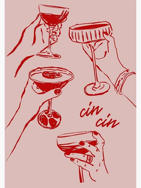 "Cin Cin Cheers" Poster for Sale by tenishatippett | Redbubble Cheers Poster, Wine Illustration, Cheer Posters, Italy Poster, Retro Cocktail, Wine Print, Pink Cocktails, Sip N Paint, Apartment Art