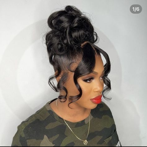 Long Hair Black Hairstyles, Prom Updos For Black Women, Bridesmaid Wig Hairstyles, Hair Up Messy Bun, Messy Bun Ponytail For Black Women, Up Do Black Hairstyles, Updo Bun Black Women, Pincurl Updo Black Hair, Bun With Curls Hanging Down Black Women