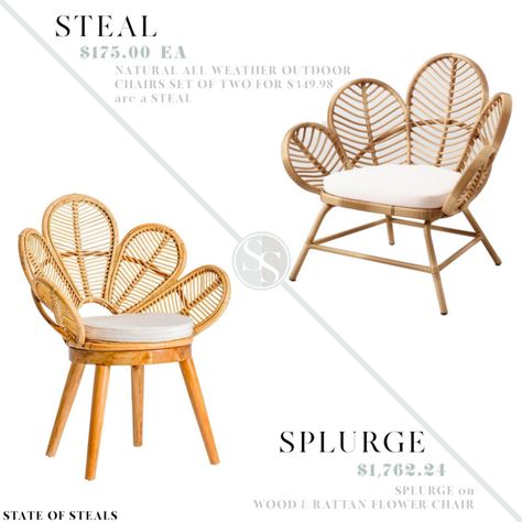 Flower Rattan Chair | Affordable options for boho style flower petal back rattan / wicker accent chair | State of Steals: Luxury Looks for Less for the Home (@stateofsteals) Rotan Chair, Airbnb Investment, Boho Accent Chair, Gift Shop Interiors, Manpreet Kaur, Rattan Flower, Loft Inspiration, Boho Ideas, Outdoor Chair Set