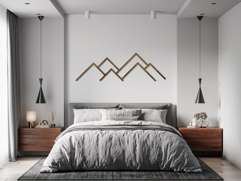 Mountain Bedroom, Above Bed Wall Decor, Wood Minimalist, Wood Feature Wall, Mountain Wood Wall Art, Minimalist Mountain, Decor Above Bed, Wall Art Above Bed, Bed Wall Decor