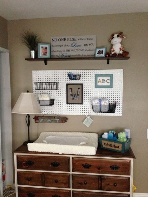 Peg Board Ideas, Rustic Boy Nursery, Rustic Baby Nurseries, Vintage Baby Nursery, Changing Table Topper, Baby Boy Room, Simple Nursery, Rustic Nursery, Nursery Organization