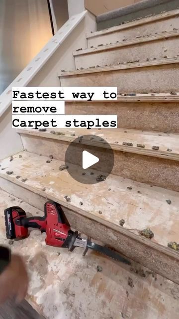 BuildersRx on Instagram: "Do you have a faster method to remove staples? 🪚  According to @straight_up_stairs when you are removing carpet from stairs with hundreds of staples left behind, this is the quickest method 💨  Featured Follower: @straight_up_stairs   #tips #contractor #stairs #bluecollar #woodworking" How To Take Carpet Off Of Stairs, Pulling Carpet From Stairs, Remove Stair Carpet, How To Remove Carpet From Stairs, Taking Carpet Off Stairs Diy, Redoing Stairs Diy Removing Carpet, Old Stairs Makeover, Lvt Stairs, Remove Carpet From Stairs