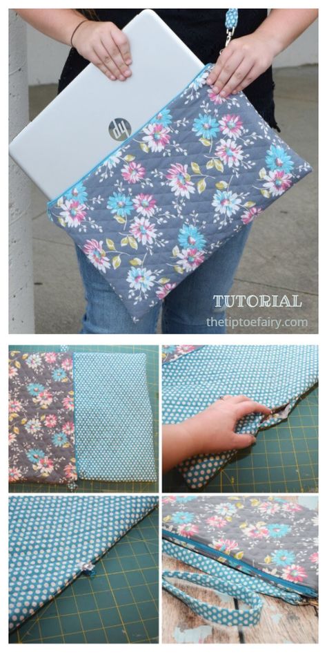 DIY Quilted Laptop Bag Free Sewing Pattern + Tutorial Diy Laptop Bag Pattern, Laptop Case Pattern, Bag Free Sewing Pattern, Diy Laptop Case, Diy Laptop Bag, Fabric Art Diy, Diy Laptop, Fabric Sewing Patterns, Bag Pattern Free