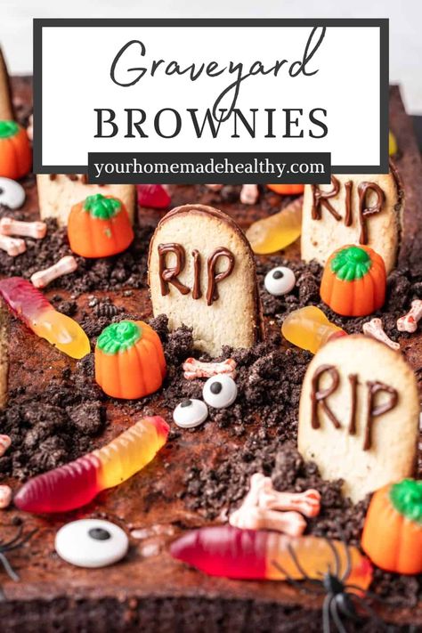 These Graveyard Brownies are the most delicious Halloween treat made with fudgy chocolate brownies, cookie tombstones, gummy worms, pumpkin-shaped candy corn, and other spooky decorations. Get ready for some fun Halloween baking and celebrating! Brownie Halloween Treats, Grave Yard Brownies, Tombstone Brownies, Halloween Tombstone Brownies, Dirt Graveyard Dessert, Graveyard Brownies Halloween Treats, Scary Brownies, Brownie Tombstones, Pumpkin Cookie Cake