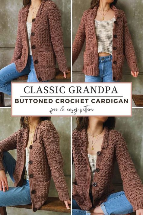 Make your own beautiful crocheted cardigans with this free crochet pattern from Kiks + Jack Crochet. Crochet this easy cardigan coat with this DIY crochet pattern that is beginner friendly, made to measure & size inclusive. On trend with the grandpa style grandpa core vintage style, this is your classic brown buttoned cardigan that you will wear with everything! DIY your own eclectic clothing style. Click on the photo to access this free crochet pattern.  Optional pockets. Crochet Shacket Pattern, Crochet Cardigan Pattern Free Men, Fall Crochet Cardigan Pattern Free, Crochet Cardigan Buttons, Crochet Cardigan With Pockets, Crochet Cardigan With Buttons, Free Pattern Crochet Cardigan, Crochet Ideas For Dad, Winter Crochet Clothes