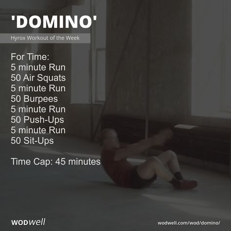 "Domino" WOD - For Time; 5 minute Run; 50 Air Squats; 5 minute Run; 50 Burpees; 5 minute Run; 50 Push-Ups; 5 minute Run; 50 Sit-Ups; Time Cap: 45 minutes Crossfit Endurance, Wods Crossfit, Crossfit Workouts Wod, Hotel Workout, Crossfit Workouts At Home, Crossfit At Home, Fitness Event, Wod Workout, Air Squats