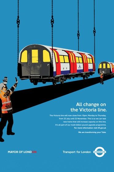 "All change on the Victoria Line." London Transport Tube Repairs poster London Transport Posters, Bus Logo, London Underground Tube, Underground Tube, London Overground, Train Posters, London Tube, Transportation Poster, Underground Art