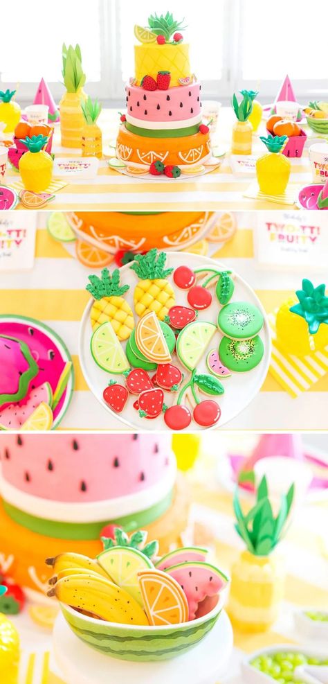 Sweet One Fruit Birthday Theme, Tutti Frutti Cookies, Fruits Party Ideas, Fruit Themed Cookies, Fruit Birthday Party Theme Decorations, Tuti Fruiti Birthday Party, Two Sweet Fruit Birthday Party, Two-ty Fruity Birthday Party, Fruits Theme Birthday Party