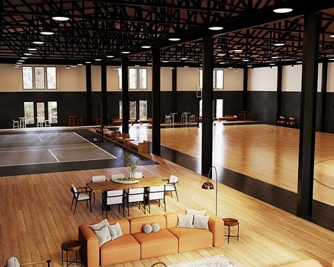 Indoor basketball and pickleball courts for the barndominium/man cave #barndominium #interiordesign #mancave Indoor Pickle Ball Court, Indoor Pickleball Court, Industrial Warehouse Design, Indoor Pickleball, Indoor Sports Court, Sports Facility Architecture, Home Basketball Court, Sport Facilities, Gym Space