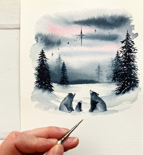 Watercolour Easy, Watercolor Christmas Art, Easy Christmas Cards, Watercolor Christmas Cards Diy, Winter Scene Paintings, Christmas Card Tutorials, Painted Christmas Cards, Watercolour Christmas, The Three Bears